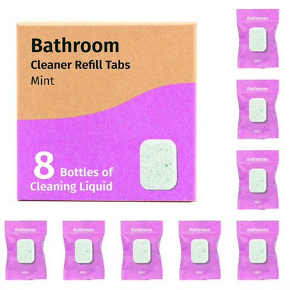 Bathroom cleaner refill tablets, pack of 8 mint; purple box with pale green tablet