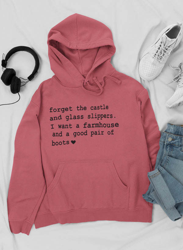 Mauve pullover hoodie with front pocket and hood drawstrings; chest graphic text is centered.