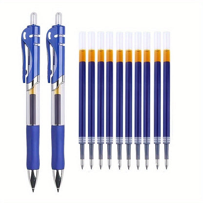 Blue gel pen set with clear refill tubes and orange ink cartridges; two pens shown