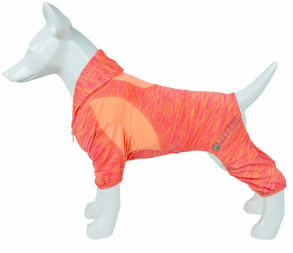 Two-tone heather performance dog hoodie with hood and open leg openings, orange-red