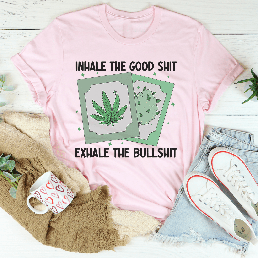 Pink graphic T-shirt with inhale/exhale text and cannabis leaf print, crew neck