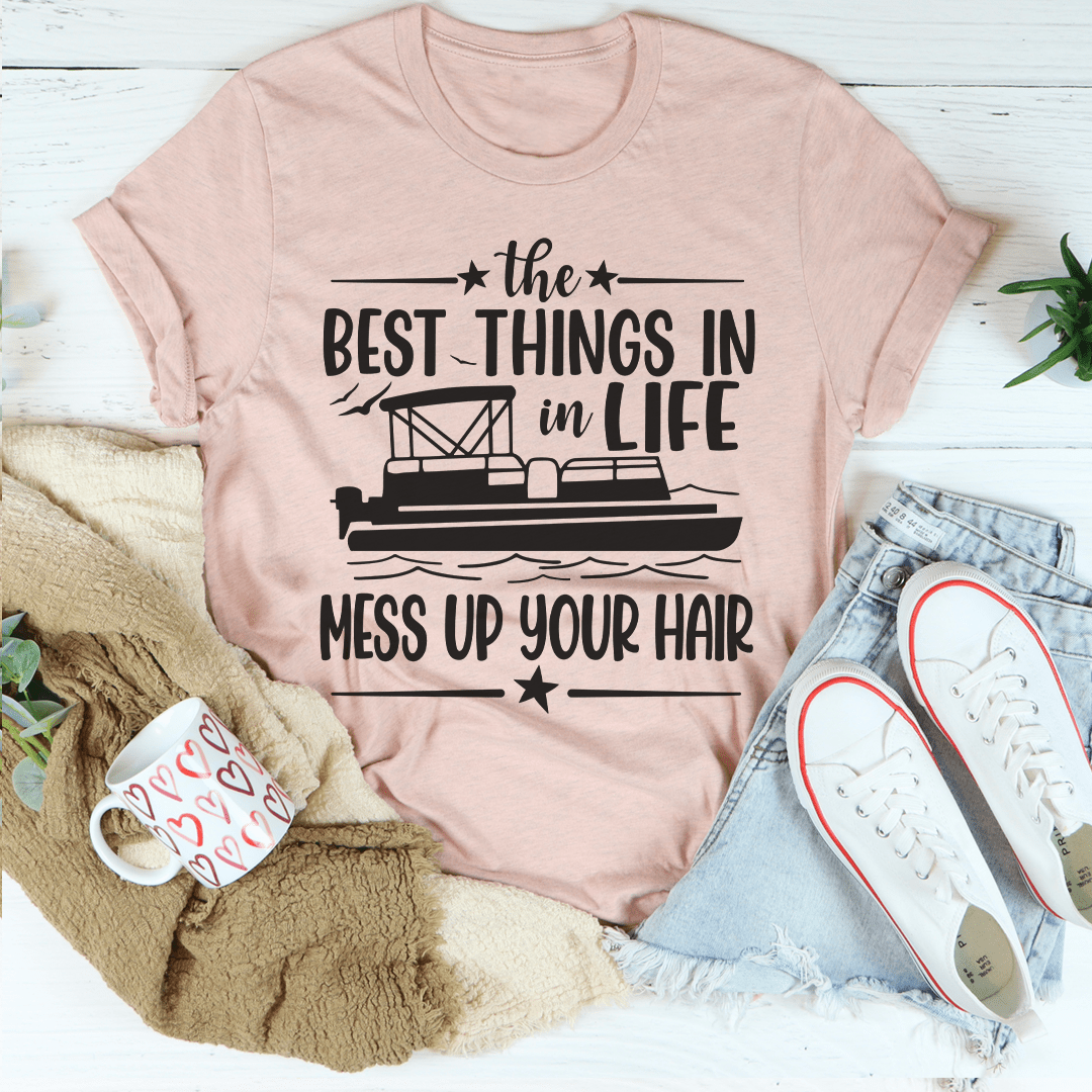Light pink crewneck T-shirt with centered black typography and hair graphic on the front