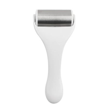 Body massage ice roller with silver roller cylinder and white handle
