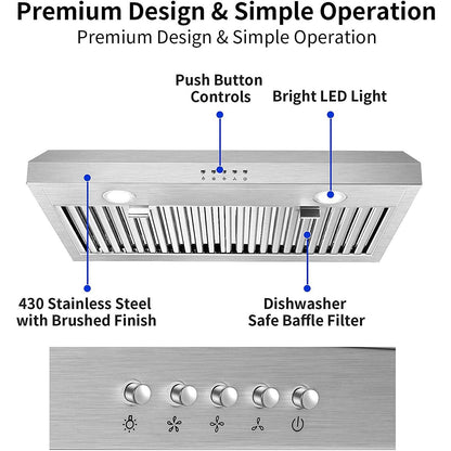 30 inch Kitchen Under Cabinet Range Hood 3-Speed 600CFM Vent w/LEDs Silver/Black