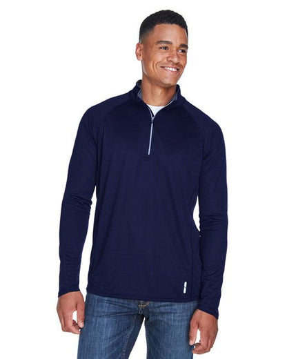 Men's quarter-zip performance long-sleeve top, navy with white zipper pull and seam accents
