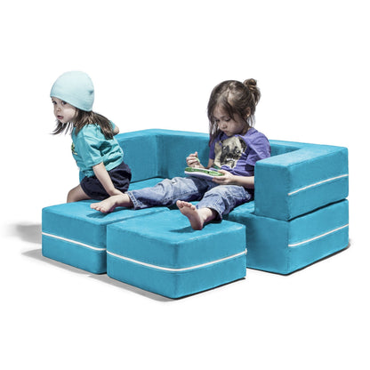 Teal microsuede modular kids loveseat with two matching ottomans and white trim.