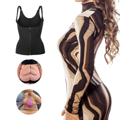 Black waist trainer corset with adjustable straps and zipper front, shown from side and back.