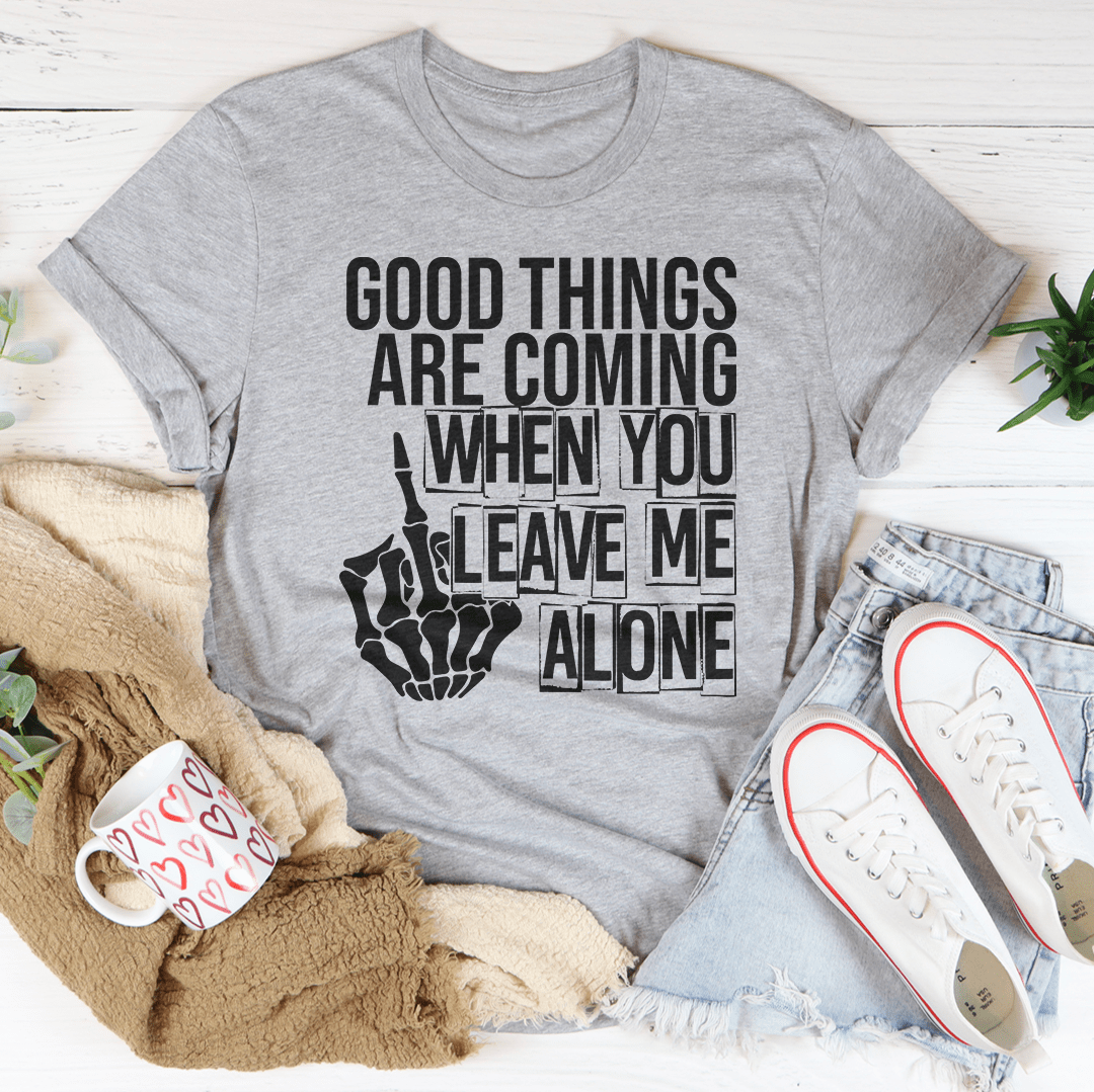 Heather gray T-shirt with 'GOOD THINGS' slogan and skeleton hand graphic