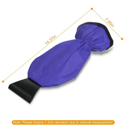 Blue ice scraper mitt with black scraper blade, overall length about 7.95 in