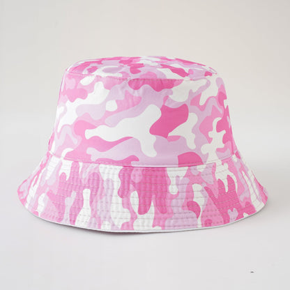 Double-sided camouflage fisherman hat, pink and white camo bucket style with textured brim edge.