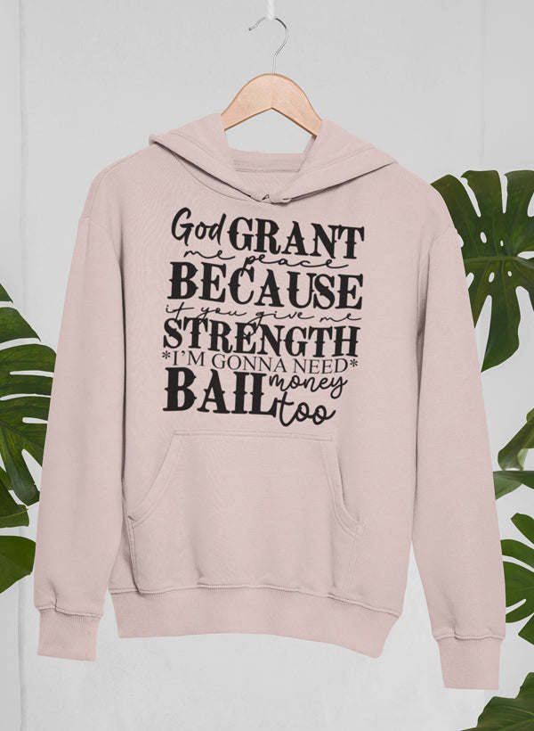 Light mauve pullover hoodie with front quote graphic and kangaroo pocket