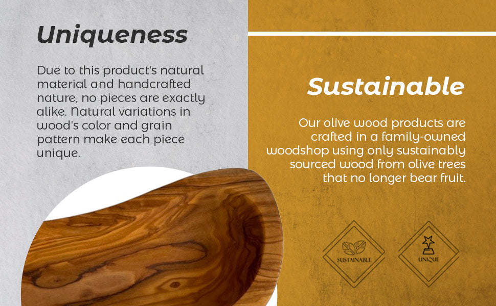 Olive wood multi-purpose bowl with rounded ends and pronounced swirling wood grain.