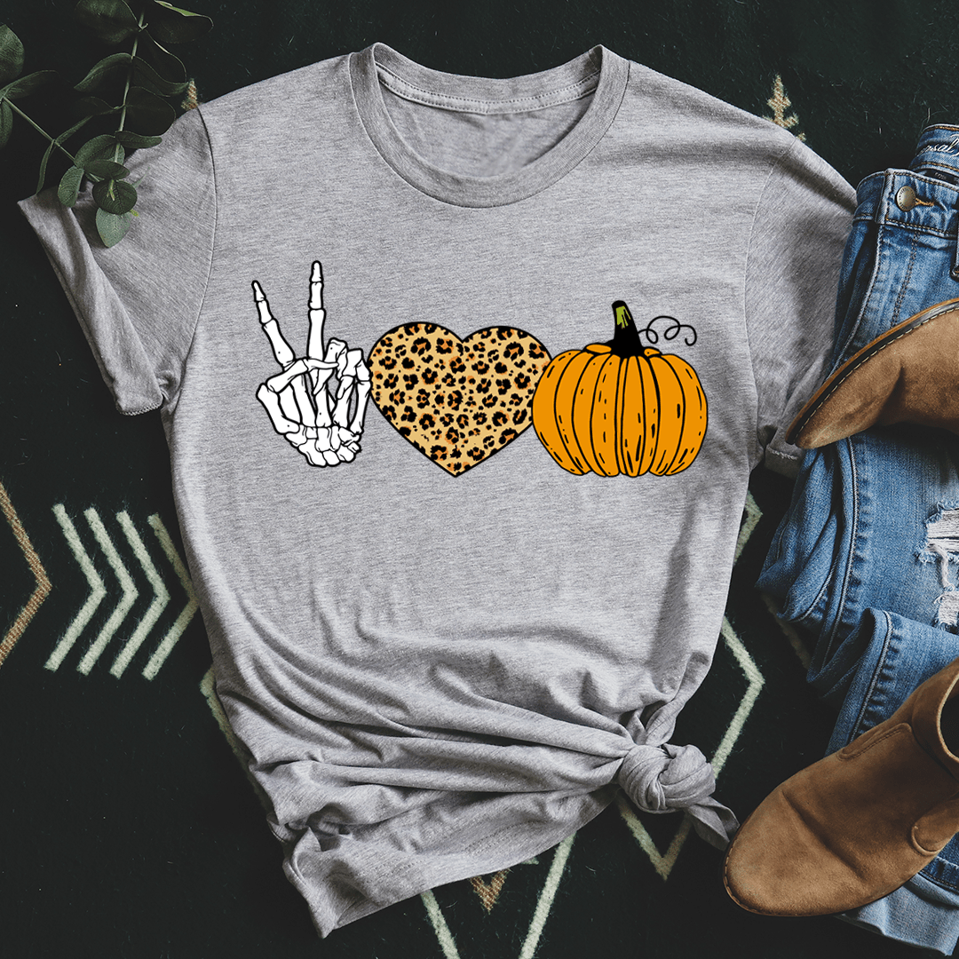 Heather gray crew-neck T-shirt with peace hand, leopard heart and pumpkin graphic