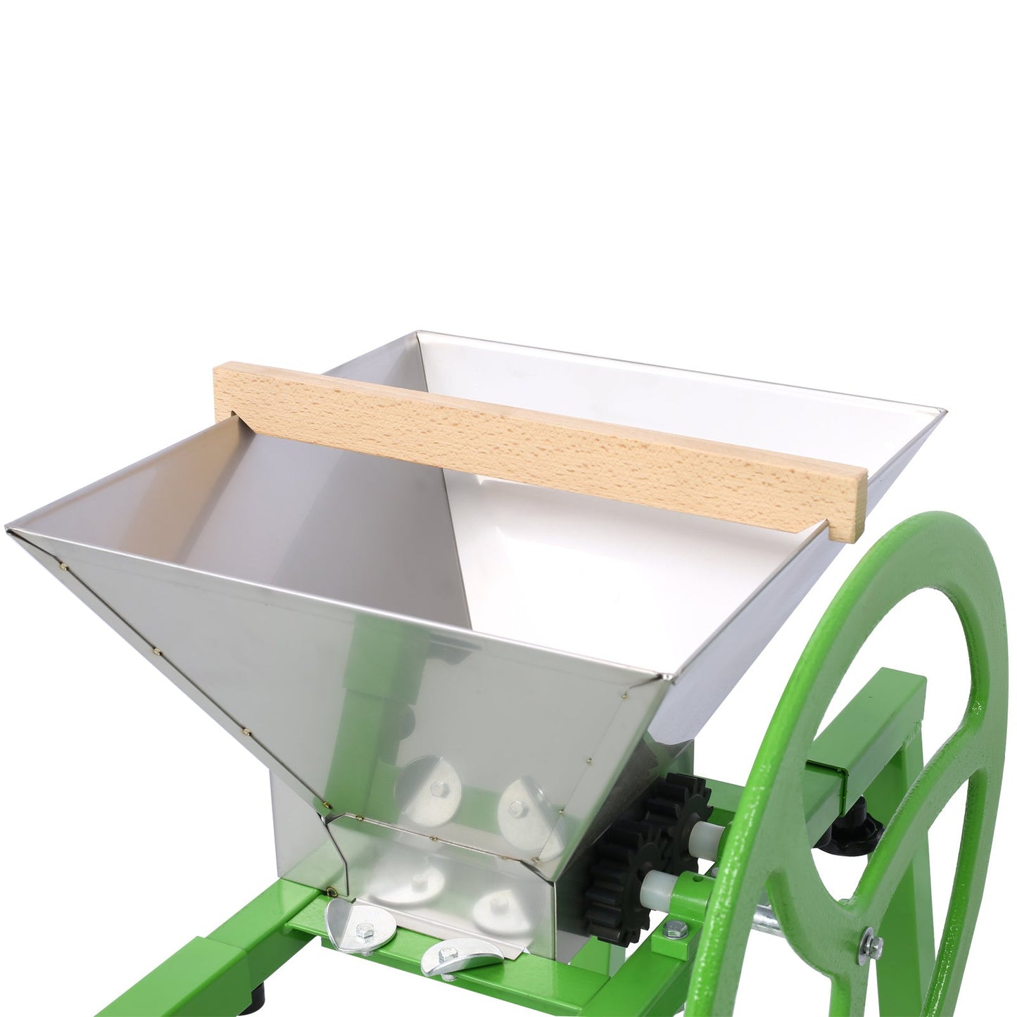 Green fruit juicer grinder base with stainless hopper and wooden feed tray