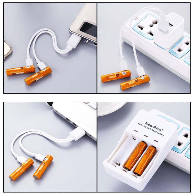 Orange rechargeable batteries connected to a USB charging dock with two cells