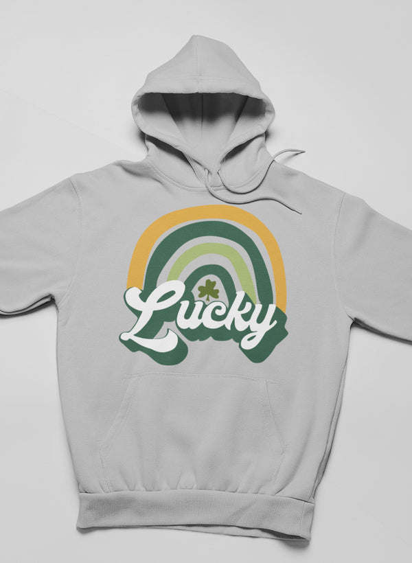 Athletic heather gray retro hoodie with front "Lucky" rainbow logo graphic