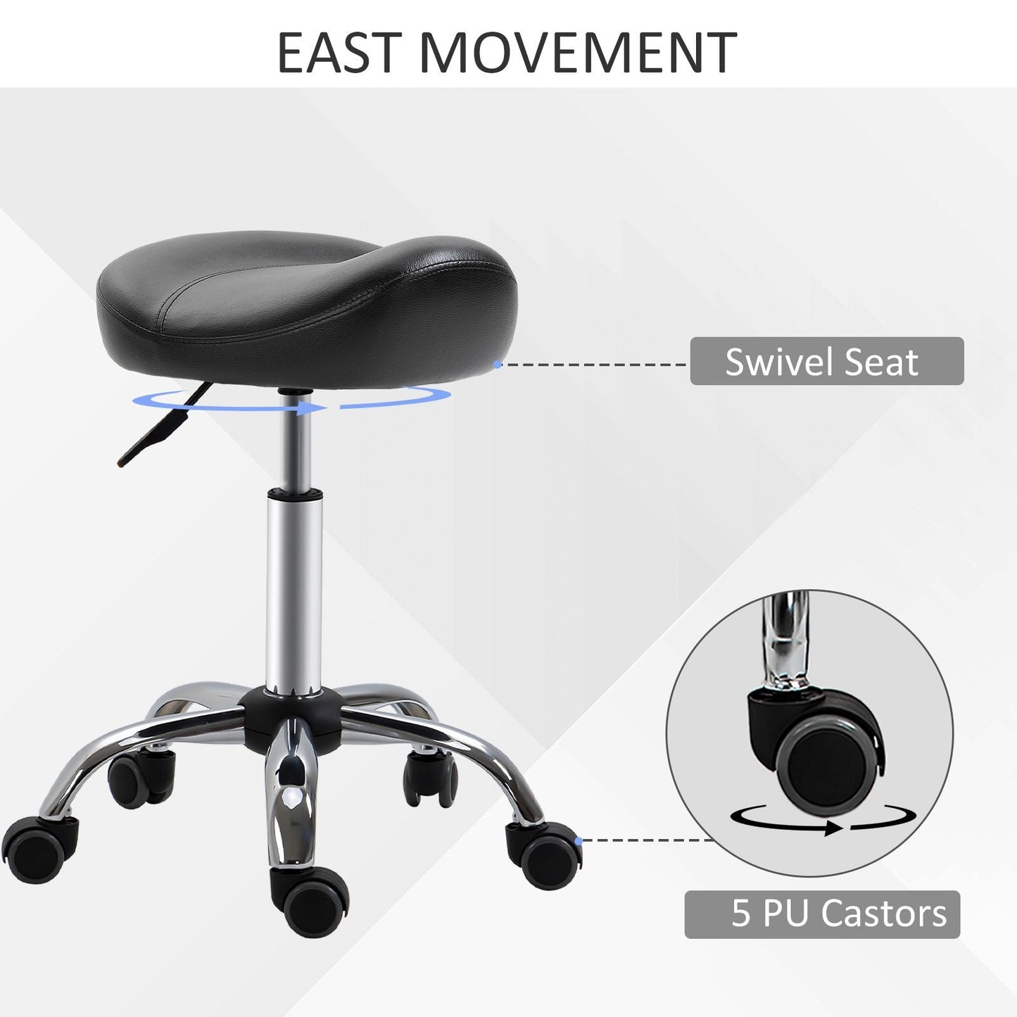 Saddle Stool Height Adjustable Rolling Salon Chair PU Leather Black for Massage Spa Clinic Beauty Tattoo