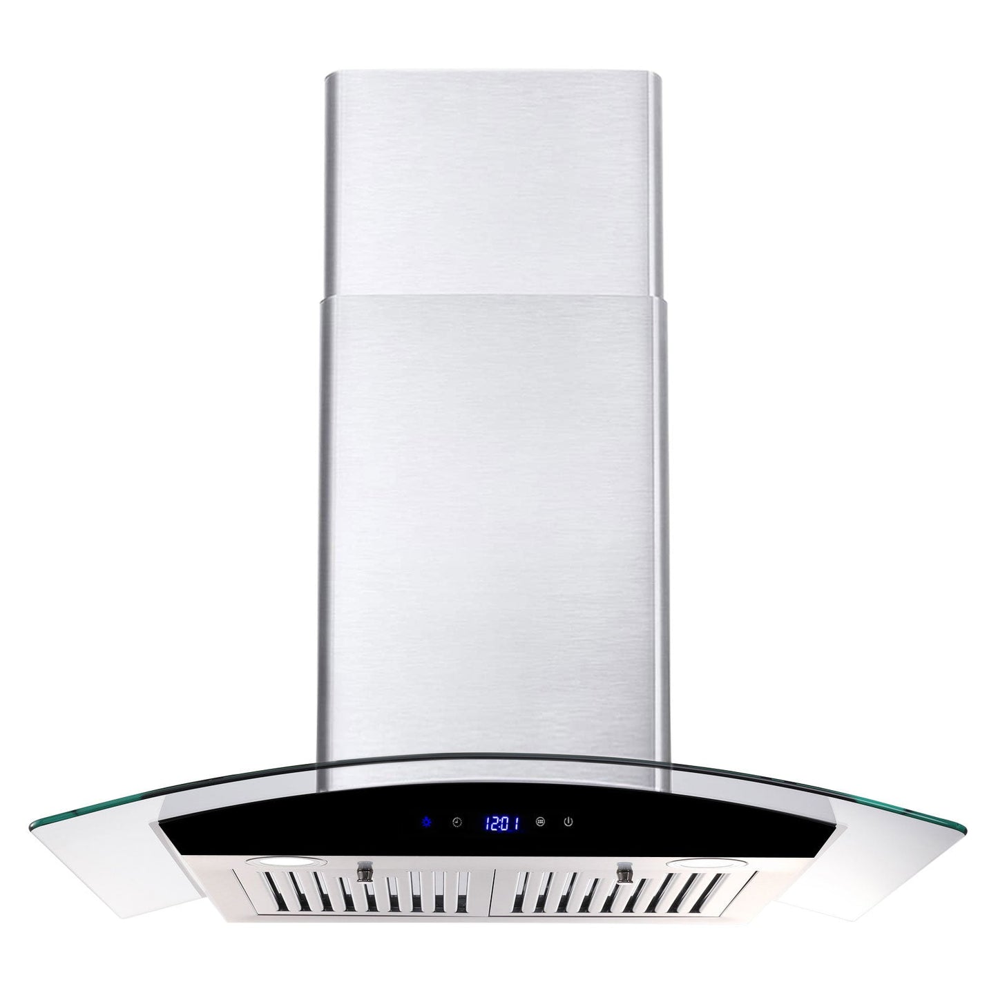 30-inch wall mounted range hood with brushed stainless steel chimney and clear tempered glass shield
