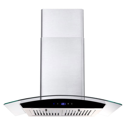 30-inch wall mounted range hood with brushed stainless steel chimney and clear tempered glass shield