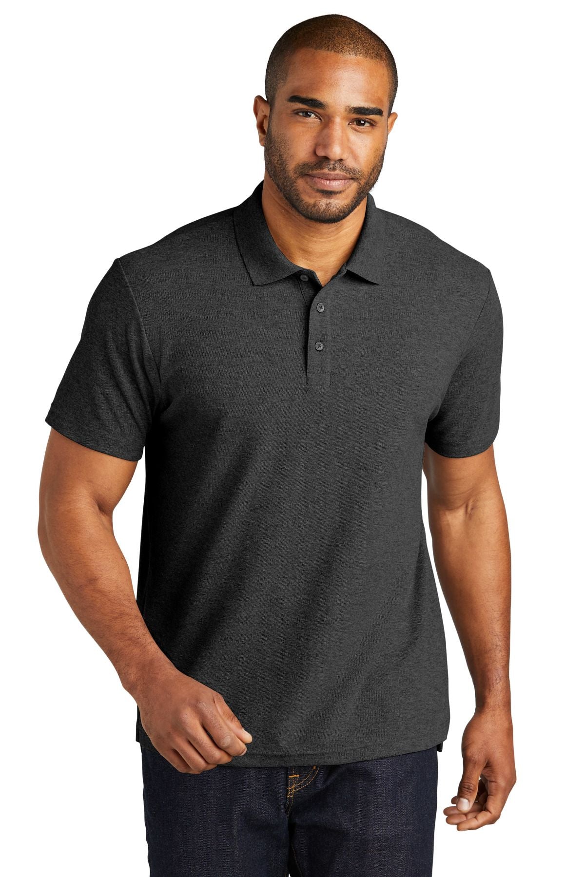 Black cotton blend pique polo shirt with buttoned collar and short sleeves