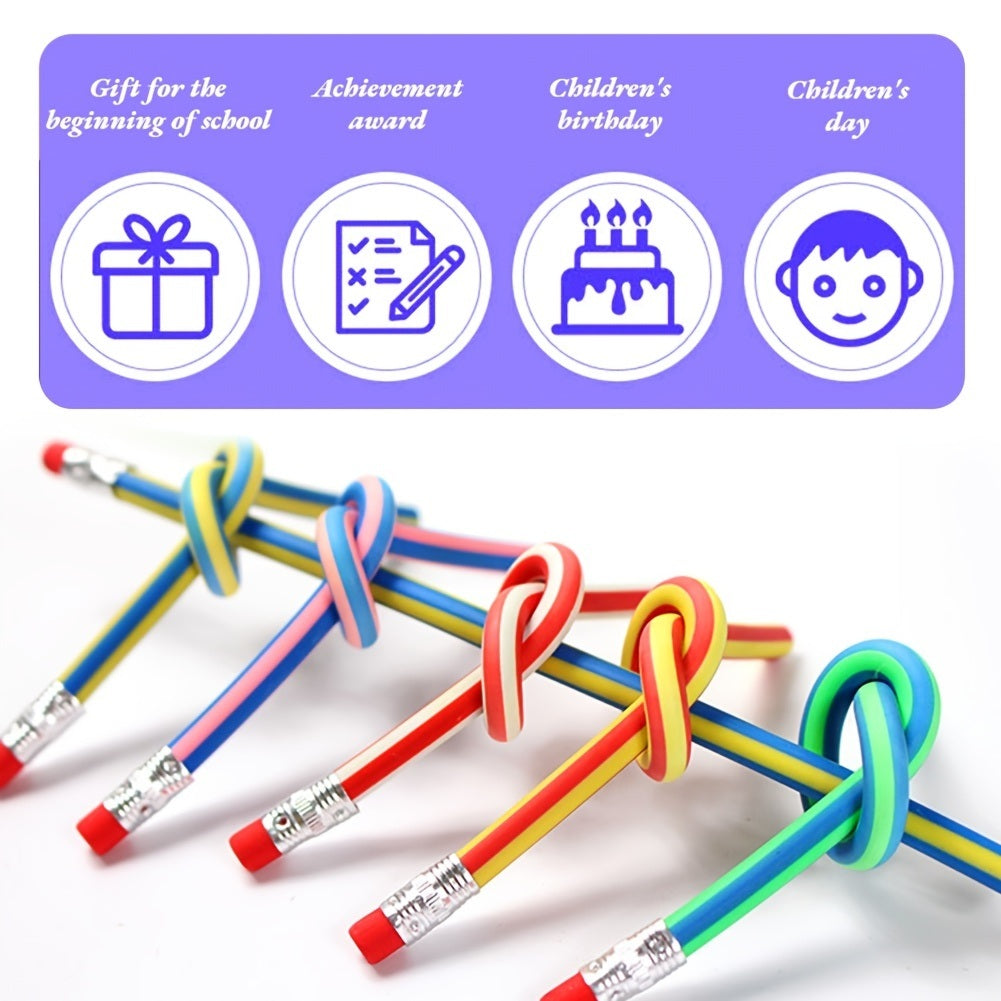 Flexible striped soft pencils with red erasers, shown in twisted loop arrangement