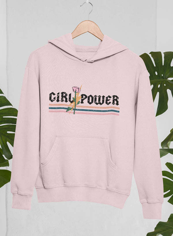 Girl Power Rose hoodie, pale pink, pullover with hood and front kangaroo pocket