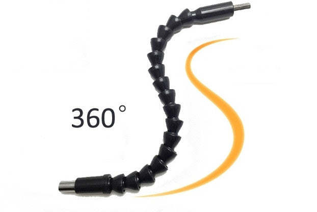 Flexible 360° drill adapter with black coiled extension and two connector ends