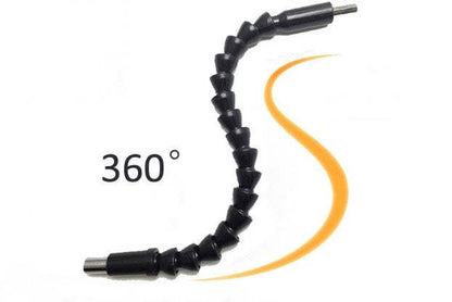 Flexible 360° drill adapter with black coiled extension and two connector ends
