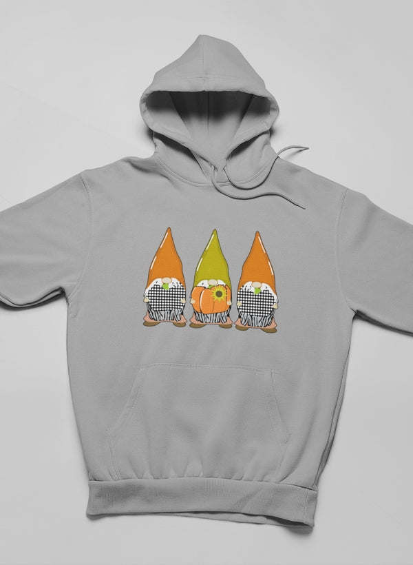 Dark gray hoodie with pumpkin gnome graphic, kangaroo pocket, and pullover hood