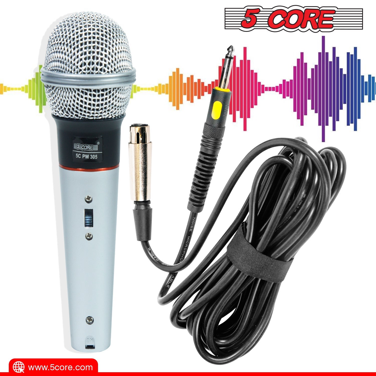 Wired handheld dynamic microphone with light blue body and XLR audio cable plug.
