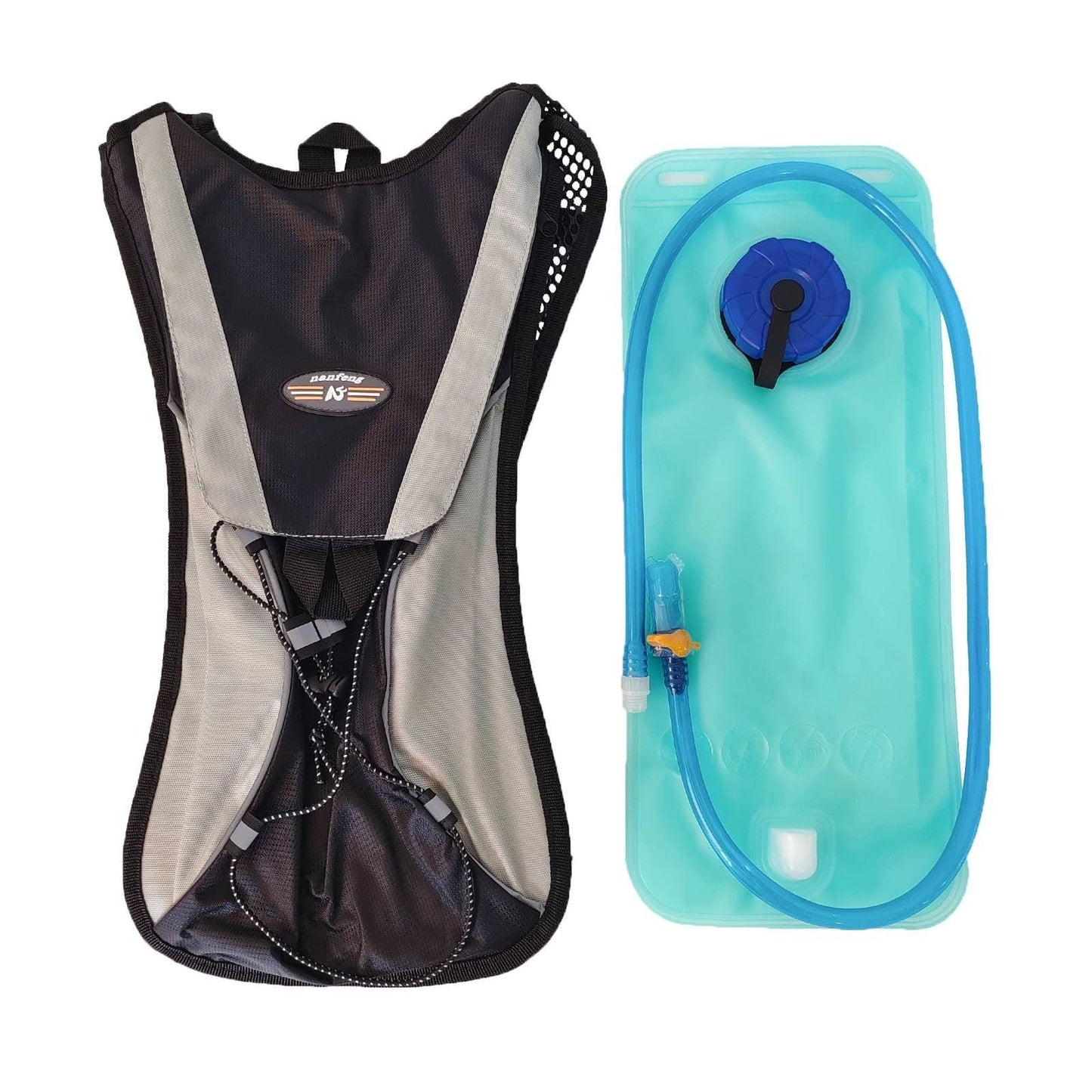 Hydration backpack with black-and-gray back panel and aqua water bladder
