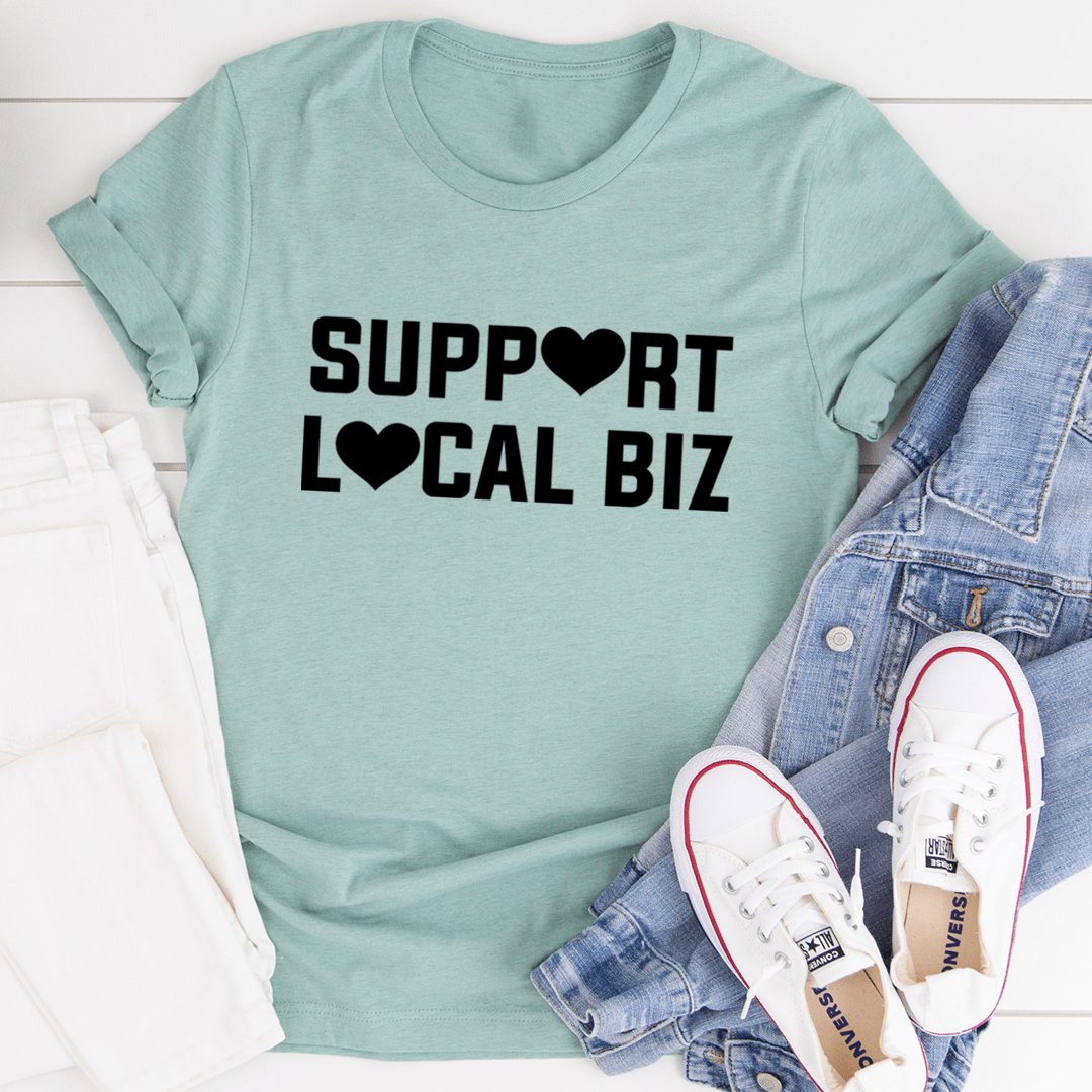 Seafoam T-shirt with bold "SUPPORT LOCAL BIZ" text print on front
