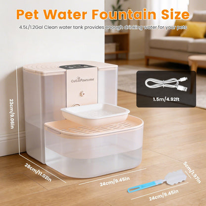 Beige automatic pet water fountain shown from the side with top control cover