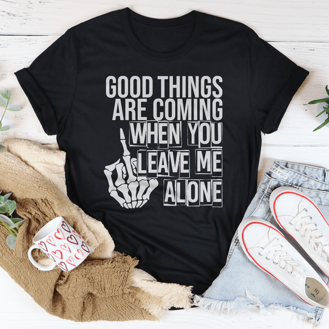 Black T-shirt with bold white slogan graphic, short sleeves, crew neck