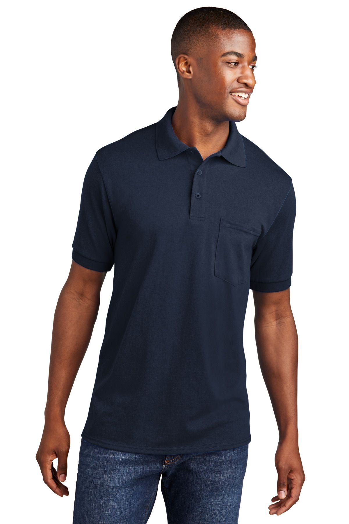 Pocket polo shirt in deep navy, short sleeves, button placket, chest pocket