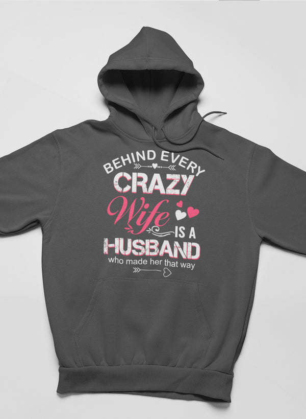 Dark heather gray hoodie with pullover hood and large 'Crazy Wife' chest graphic