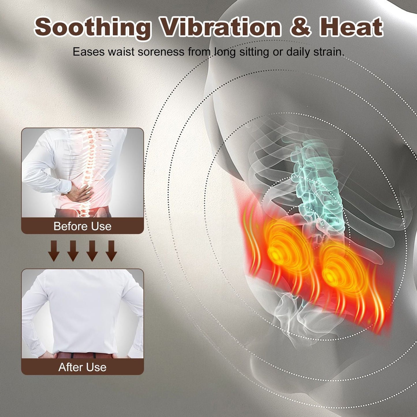 Dark grey lumbar massager pillow with glowing heat and vibration areas