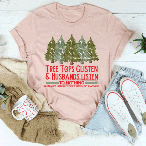 Light pink T-shirt, front graphic of green trees with red and blue slogan lettering