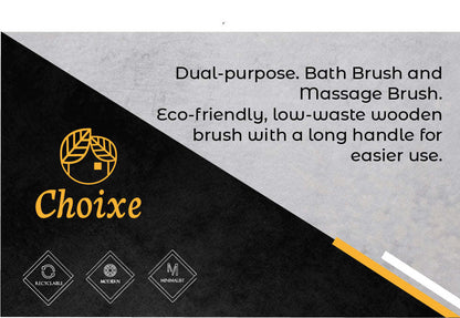 Dual-purpose bath brush with long wooden handle and round bristle pad