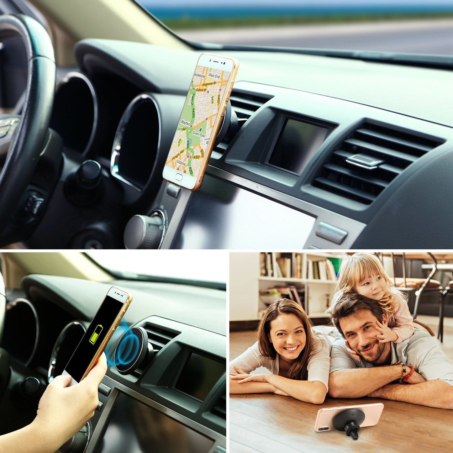 Black car air-vent wireless phone charger holding a phone in place