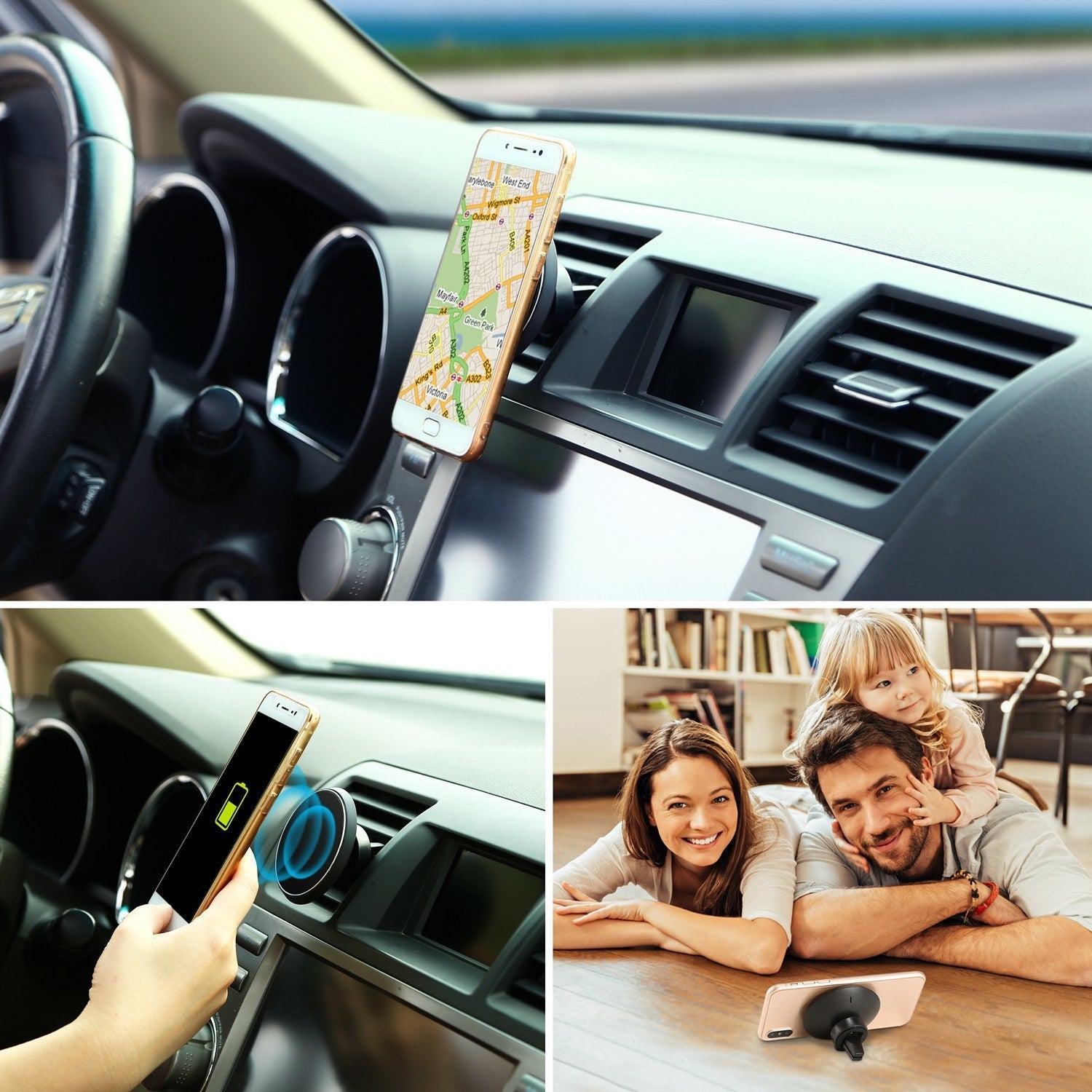 Black car air-vent wireless phone charger holding a phone in place