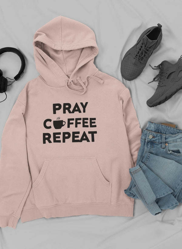 Mauve pullover hoodie with front "PRAY COFFEE REPEAT" graphic and hood