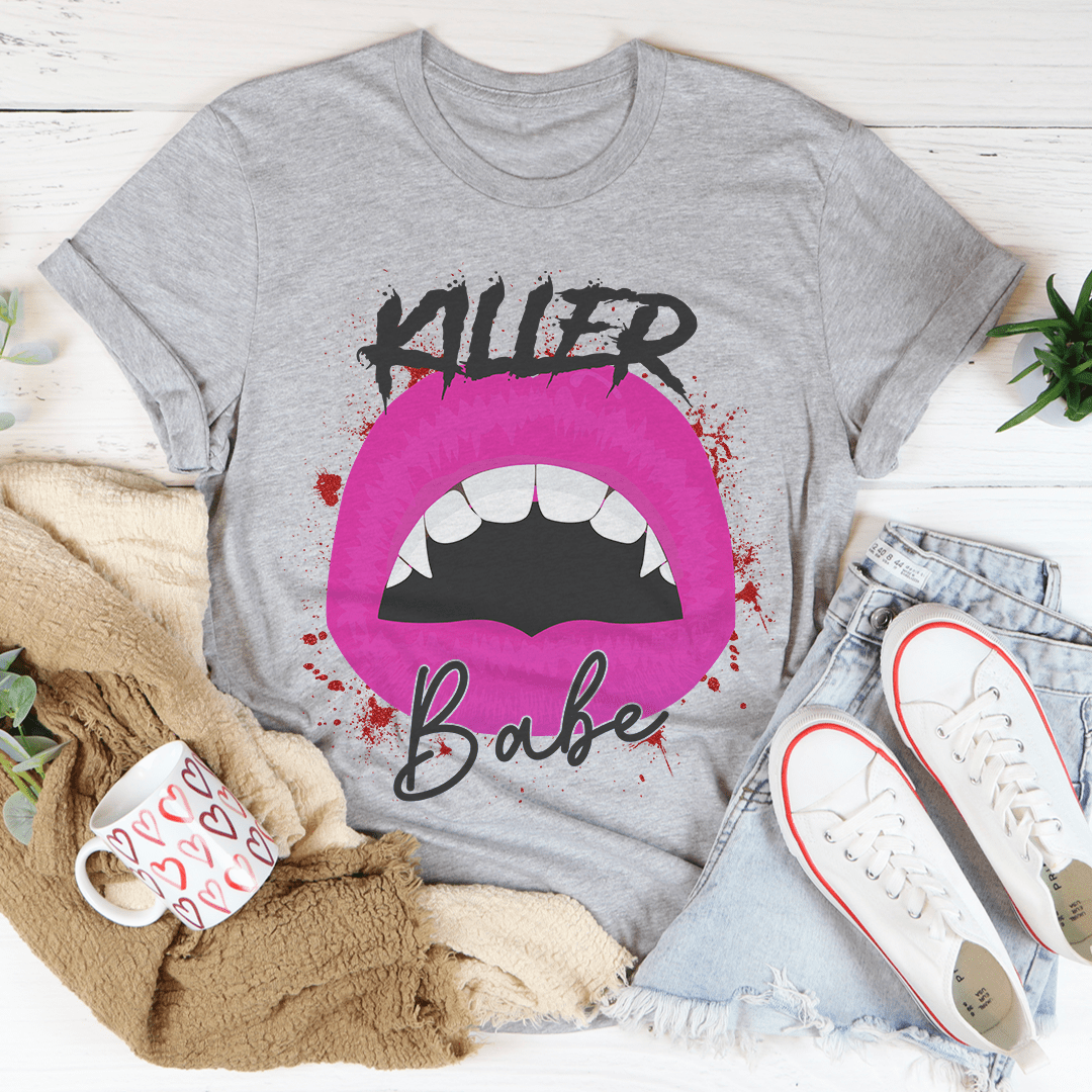 Grey heather graphic t-shirt with Killer Babe lip print on front