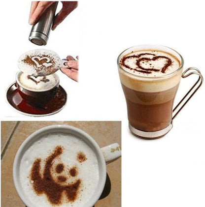 Coffee stencil tool creating heart and paw foam designs on cappuccino