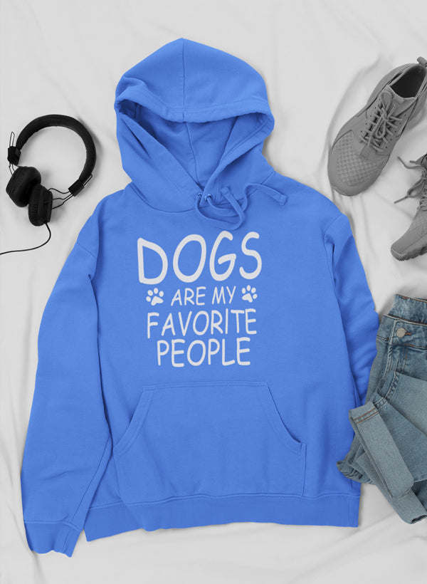Royal blue hoodie with drawstring hood, kangaroo pocket, and “DOGS ARE MY FAVORITE PEOPLE” print