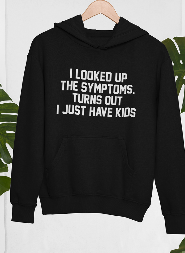 Black kids hoodie with white slogan print, hood, and front kangaroo pocket