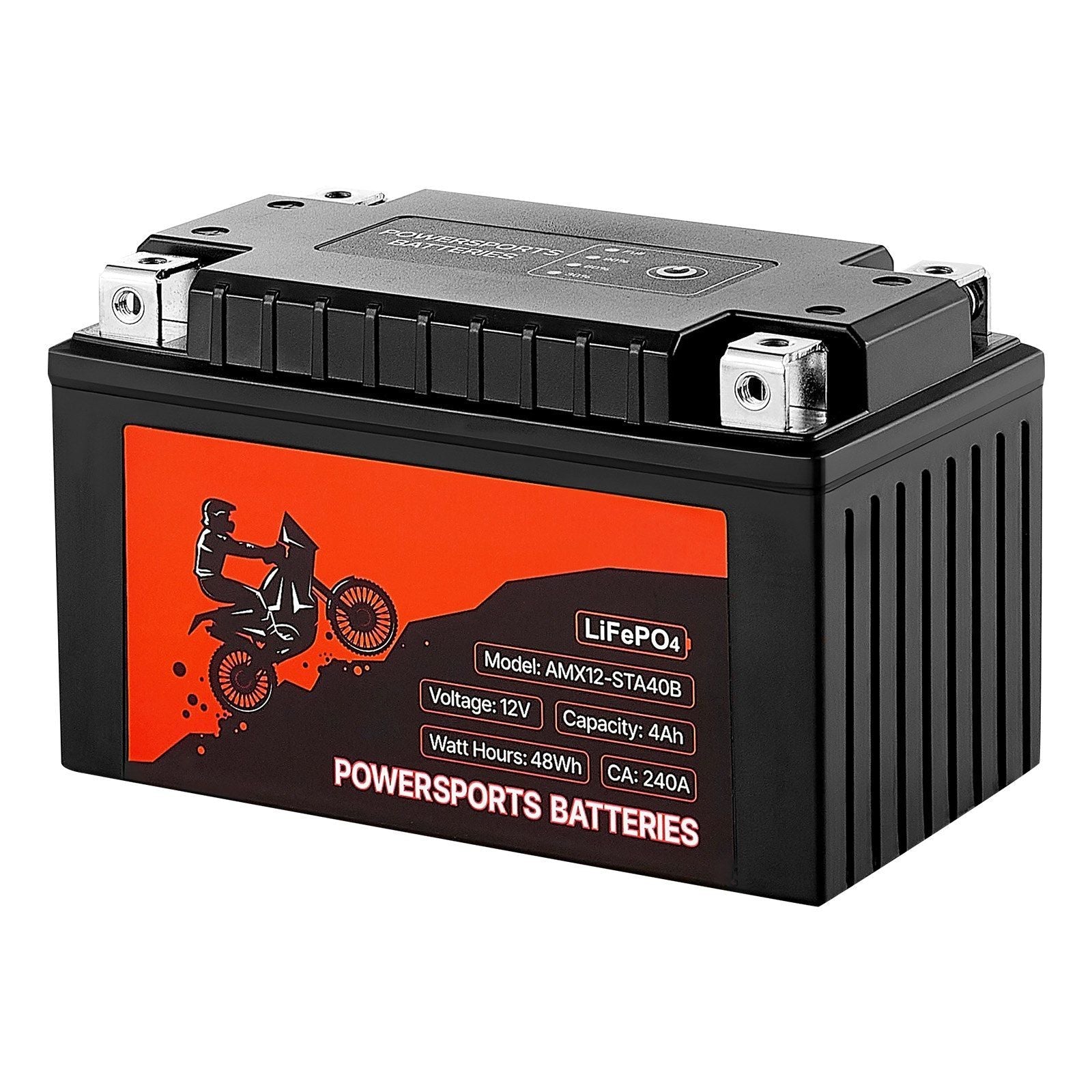 Black LiFePO4 powersports battery with top terminals and side vented casing
