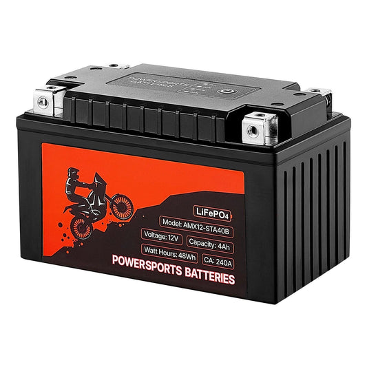 Black LiFePO4 powersports battery with top terminals and side vented casing