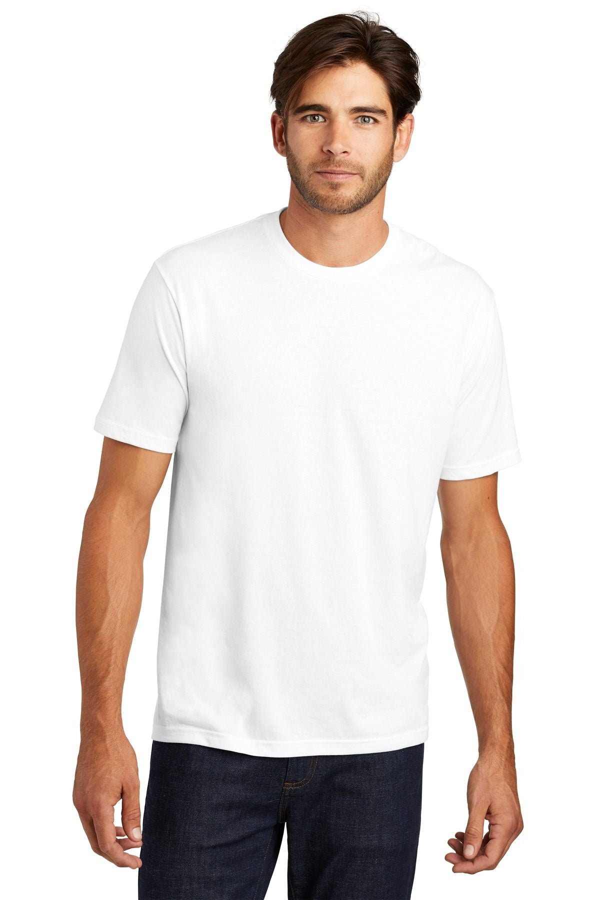 White crewneck tri tee with short sleeves.