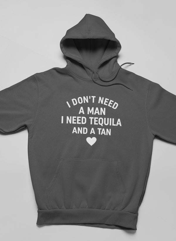 Dark heather gray pullover hoodie with front graphic text and heart under hood